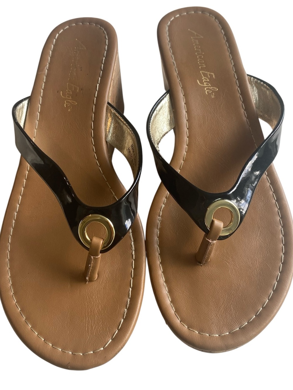 American Eagle Wedge Platform Thong Flip Flop Sandals, Black , Cork, size 8